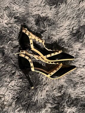 Black Patent Pointed-Toe Stiletto Heels with Gold Stud Trim